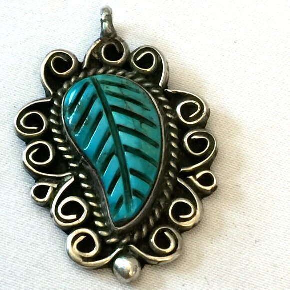 3PC VINTAGE NAVAJO TURQUOISE LEAF STERLING SILVER RING PENDANT CUFF BRACELET 34g - Picture 3 of 12